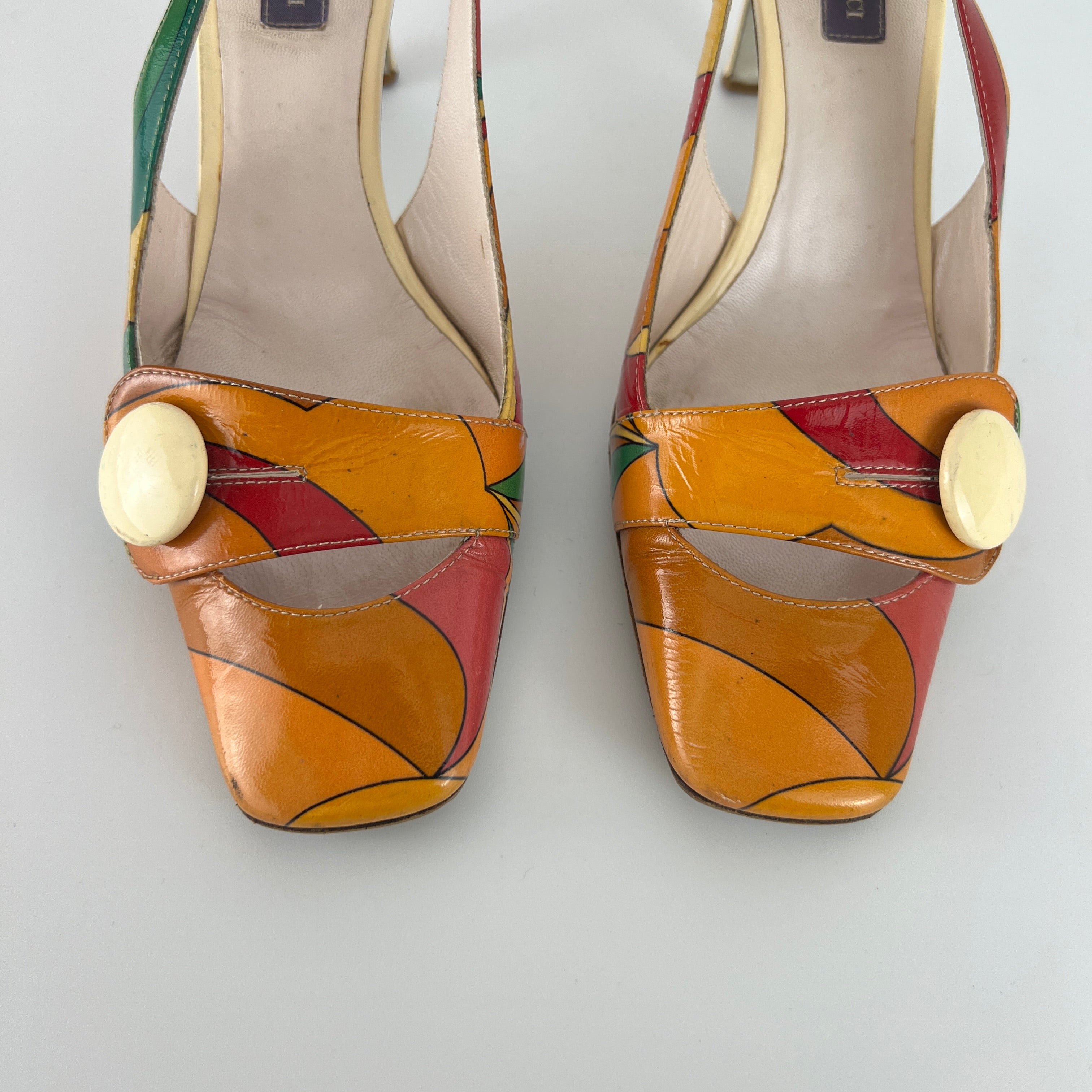Emilio Pucci | Vintage Orange Green Red Leather Slingback Sandal Heels (36)