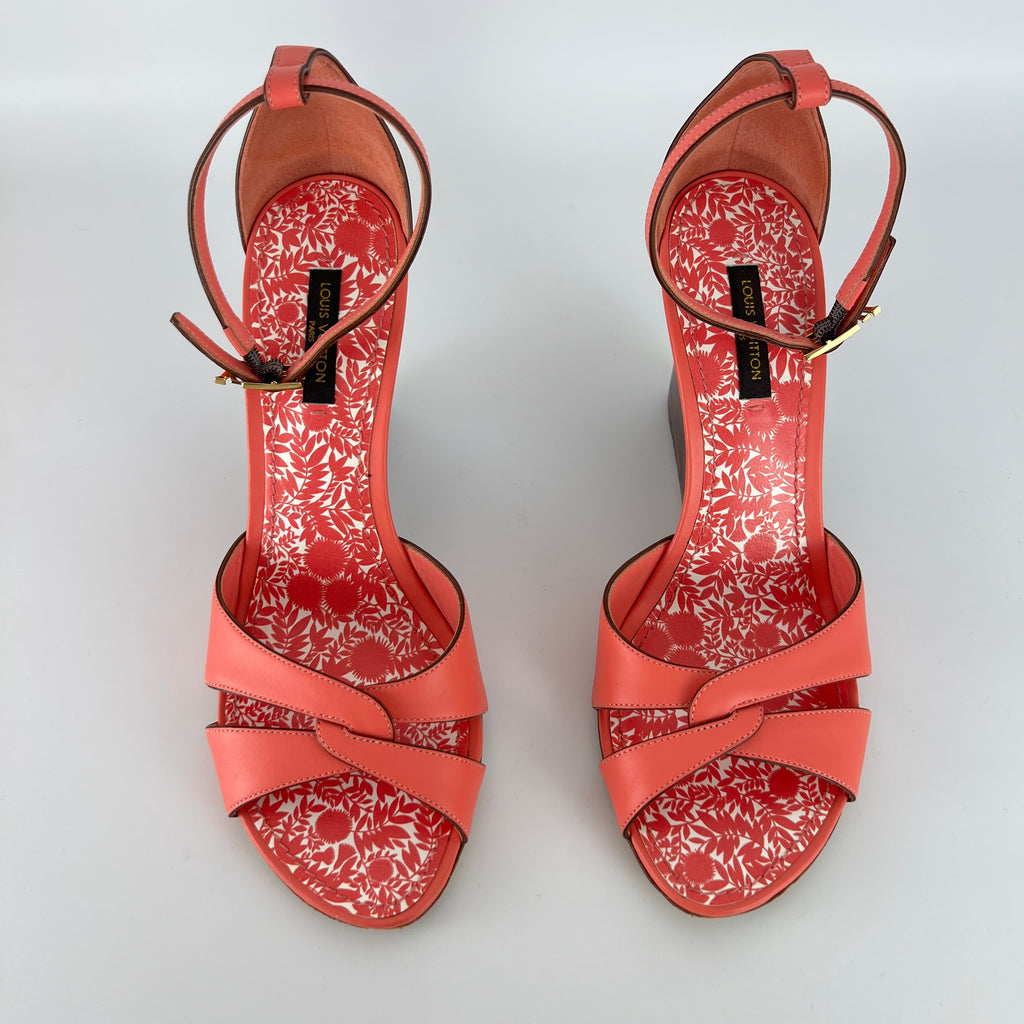 Louis Vuitton | Pink Leather Floral Insole Brown Wood Wedge Sandal Heels (39)