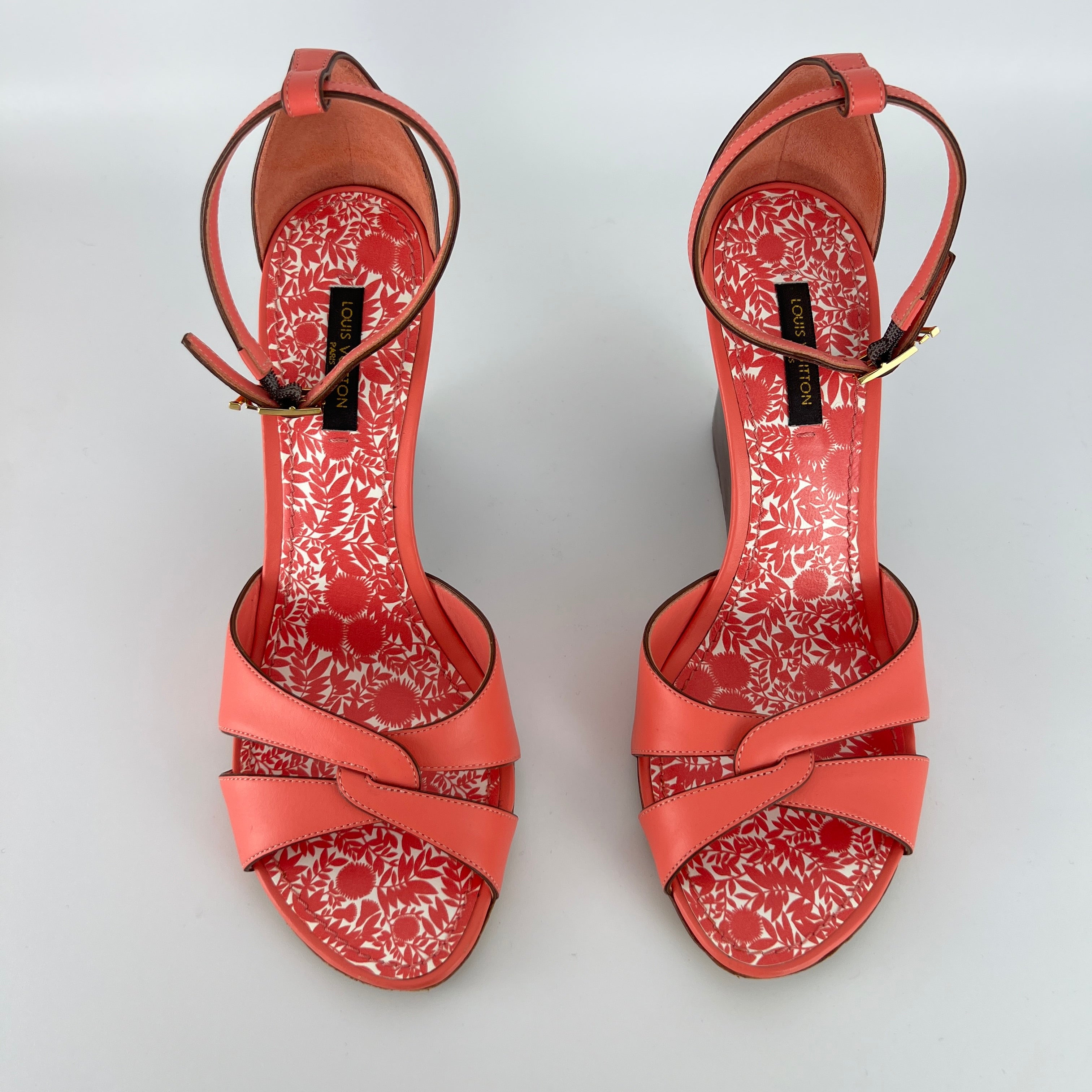 Louis Vuitton | Pink Leather Floral Insole Brown Wood Wedge Sandal Heels (39)