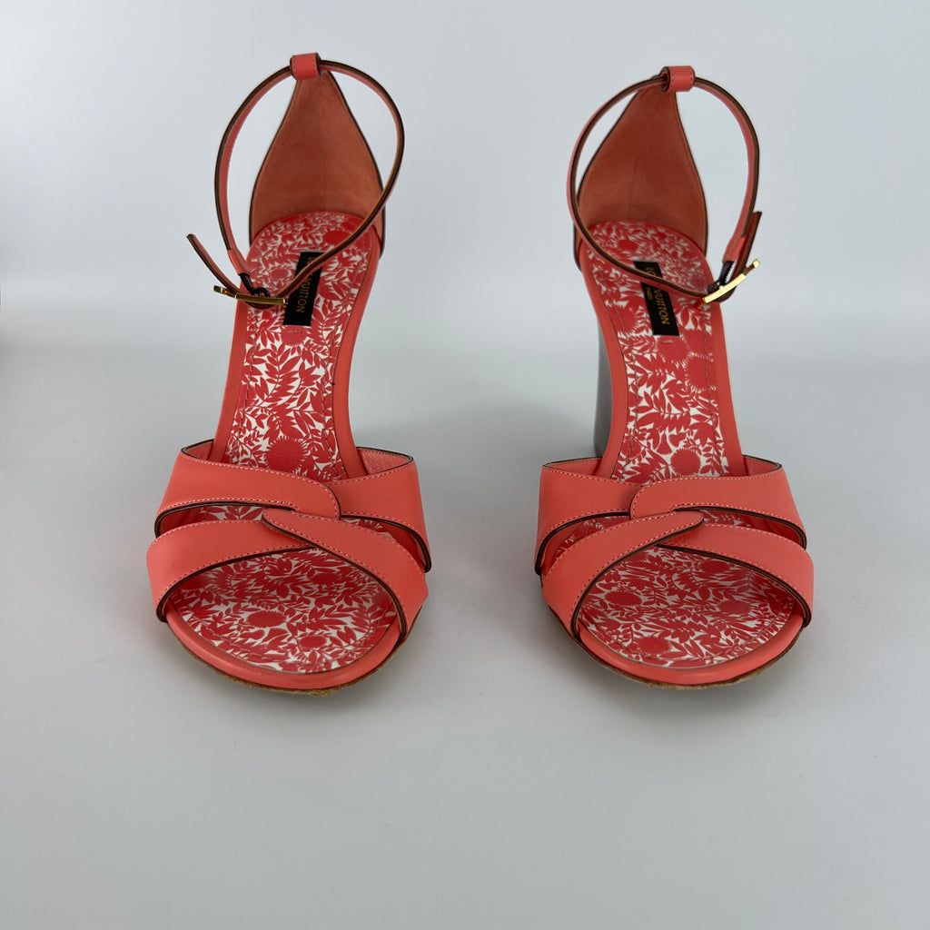 Louis Vuitton | Pink Leather Floral Insole Brown Wood Wedge Sandal Heels (39)