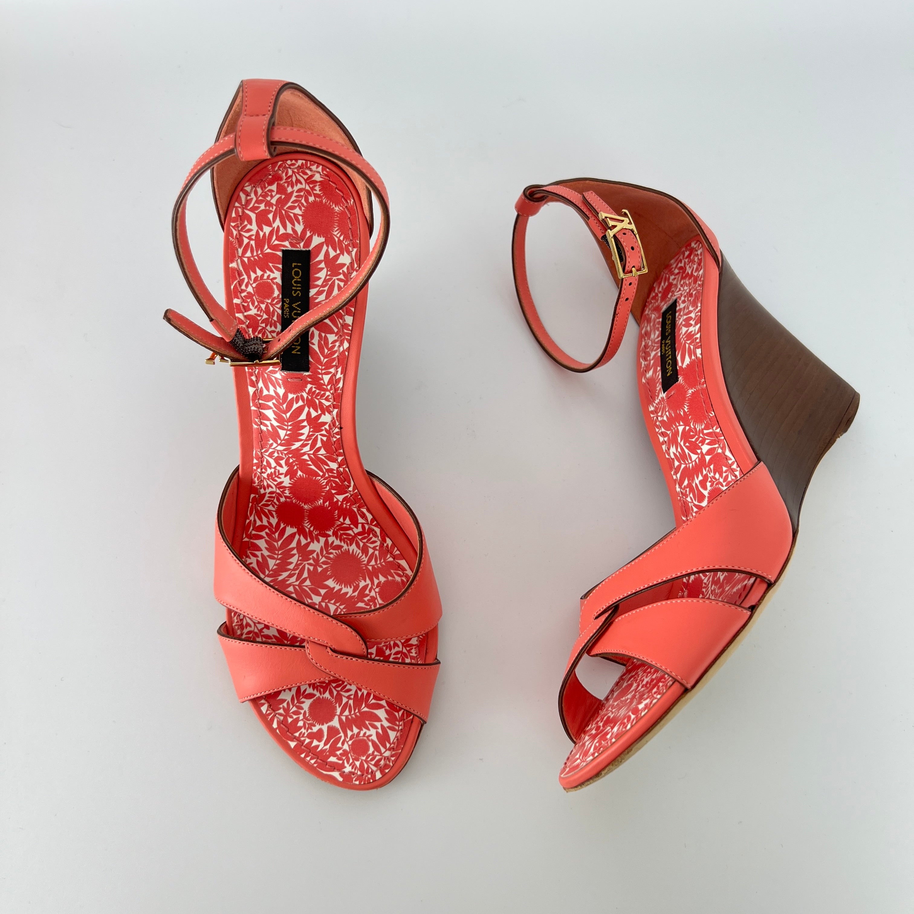 Louis Vuitton | Pink Leather Floral Insole Brown Wood Wedge Sandal Heels (39)