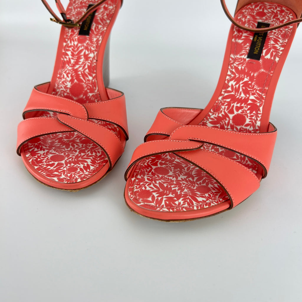 Louis Vuitton | Pink Leather Floral Insole Brown Wood Wedge Sandal Heels (39)