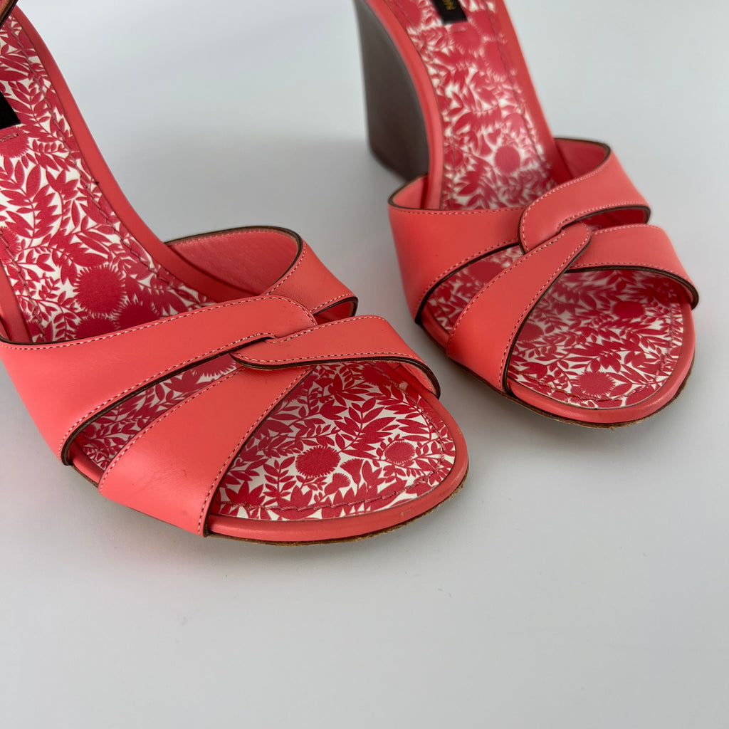 Louis Vuitton | Pink Leather Floral Insole Brown Wood Wedge Sandal Heels (39)