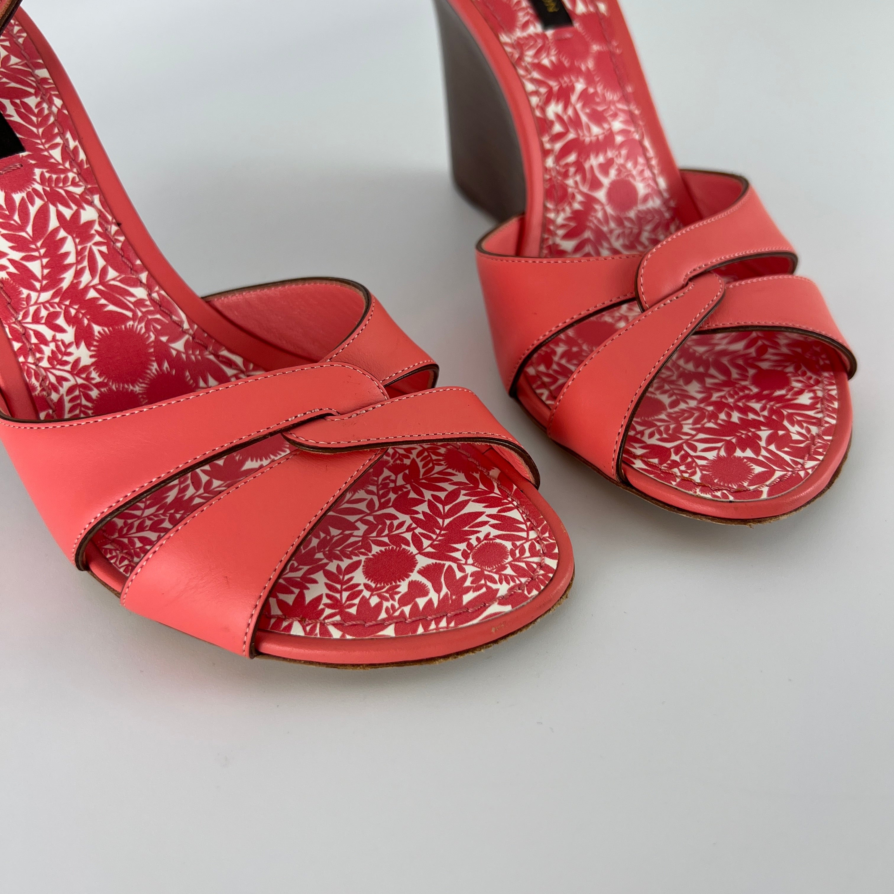 Louis Vuitton | Pink Leather Floral Insole Brown Wood Wedge Sandal Heels (39)