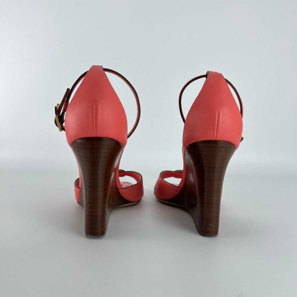 Louis Vuitton | Pink Leather Floral Insole Brown Wood Wedge Sandal Heels (39)