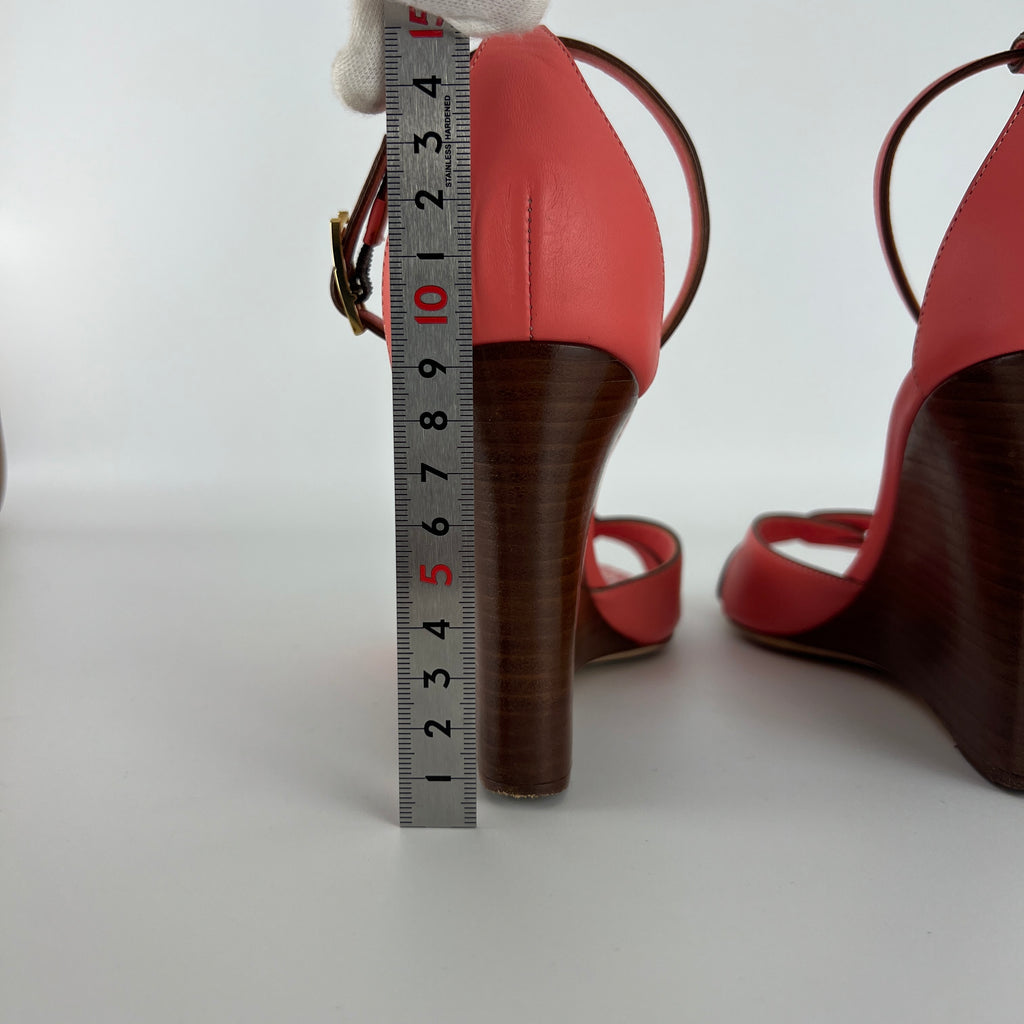 Louis Vuitton | Pink Leather Floral Insole Brown Wood Wedge Sandal Heels (39)