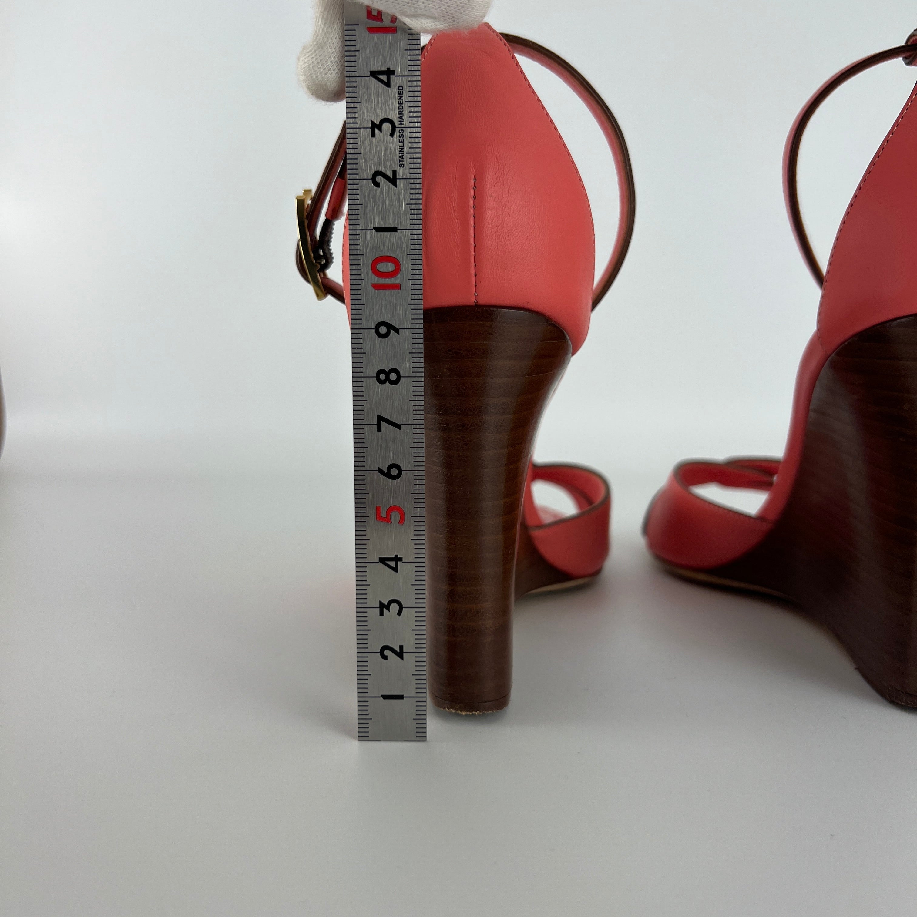 Louis Vuitton | Pink Leather Floral Insole Brown Wood Wedge Sandal Heels (39)