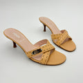 Fendi | Selleria Tan Leather Silver Logo Hardware Topstitch Strappy Mules (36)