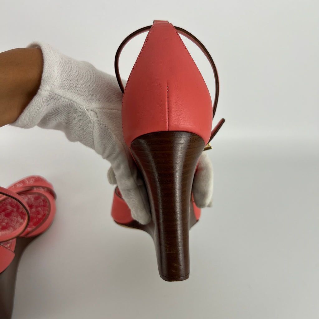 Louis Vuitton | Pink Leather Floral Insole Brown Wood Wedge Sandal Heels (39)