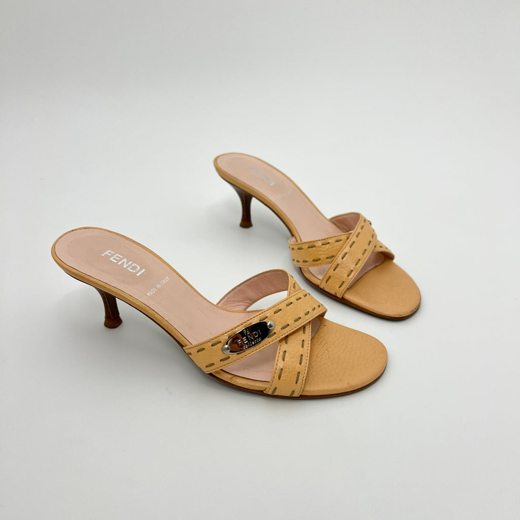 Fendi | Selleria Tan Leather Silver Logo Hardware Topstitch Strappy Mules (36)