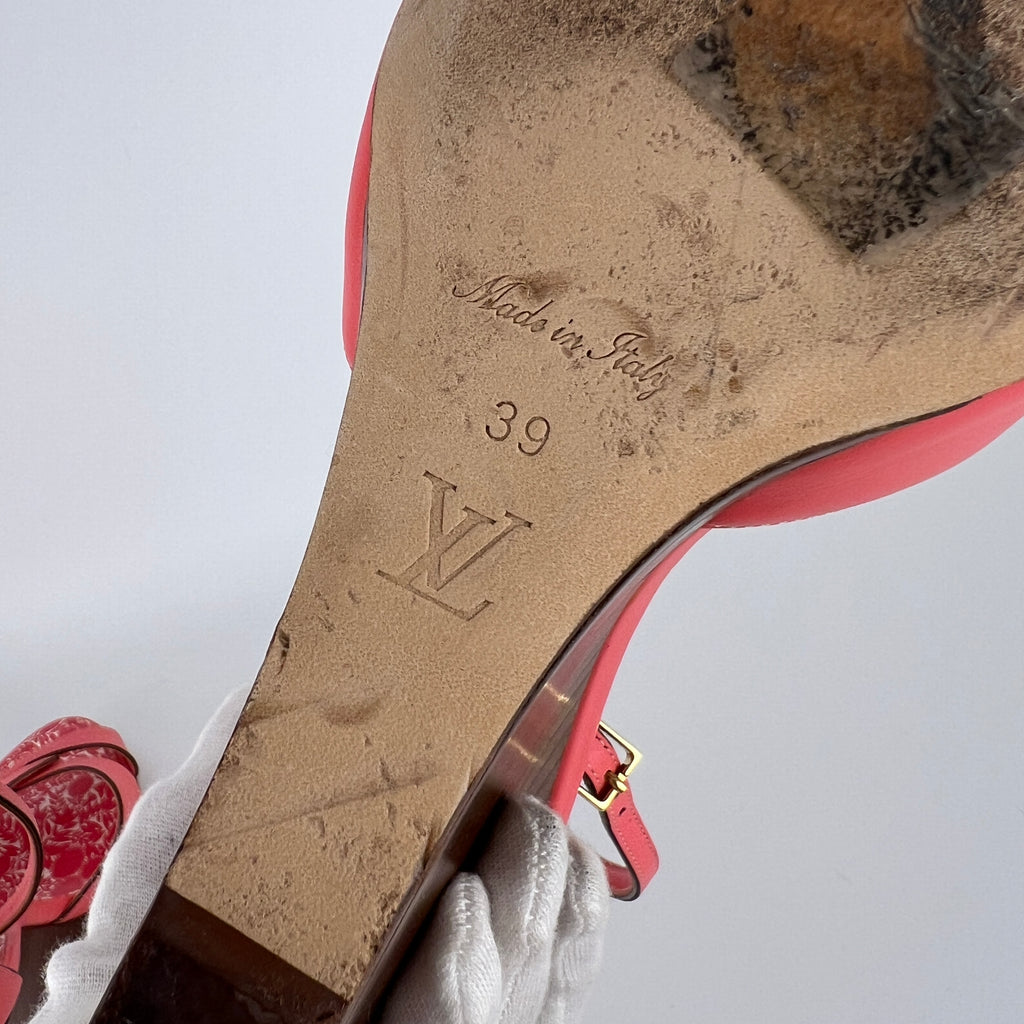 Louis Vuitton | Pink Leather Floral Insole Brown Wood Wedge Sandal Heels (39)