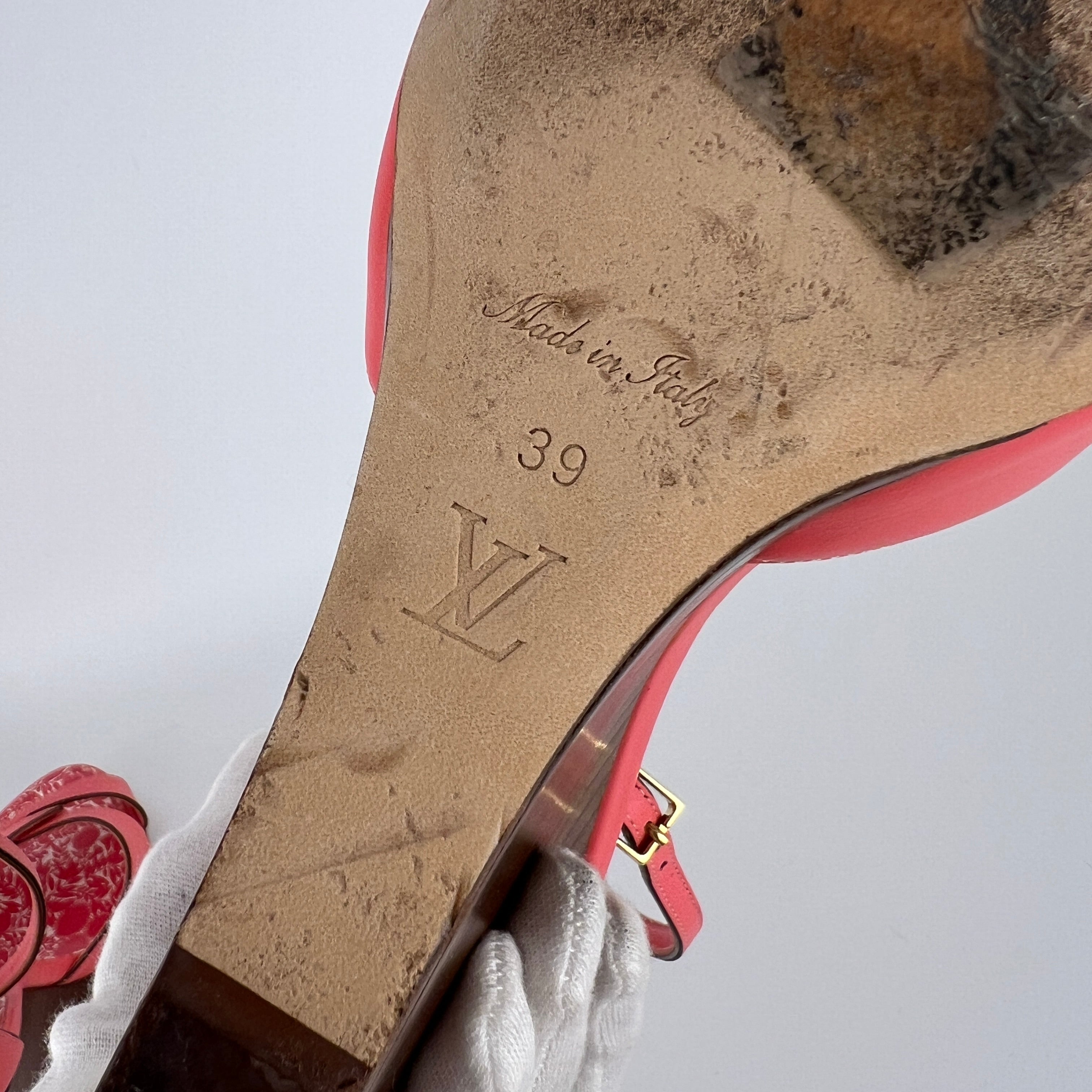 Louis Vuitton | Pink Leather Floral Insole Brown Wood Wedge Sandal Heels (39)