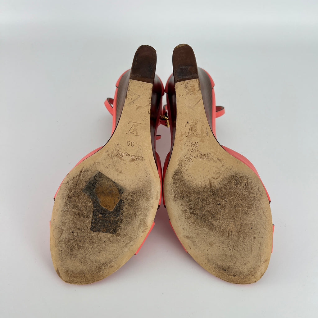 Louis Vuitton | Pink Leather Floral Insole Brown Wood Wedge Sandal Heels (39)