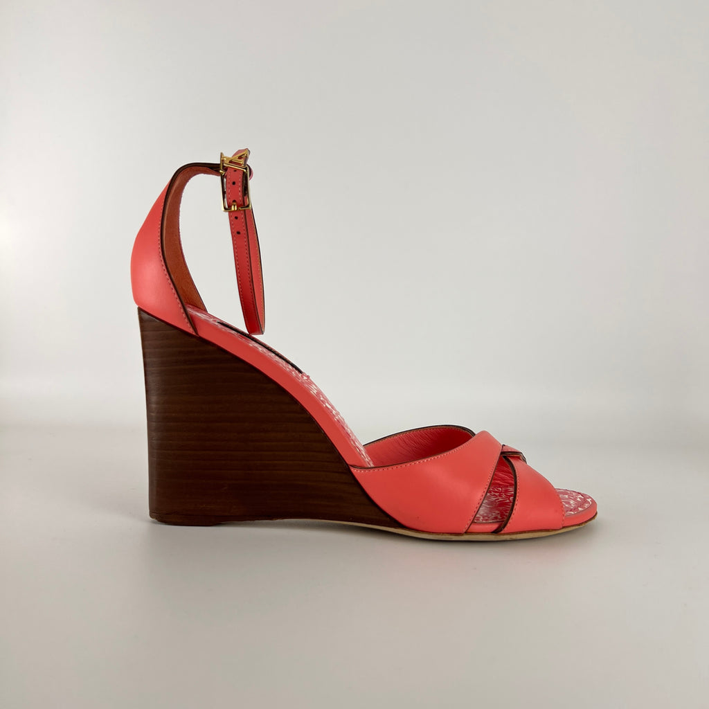 Louis Vuitton | Pink Leather Floral Insole Brown Wood Wedge Sandal Heels (39)