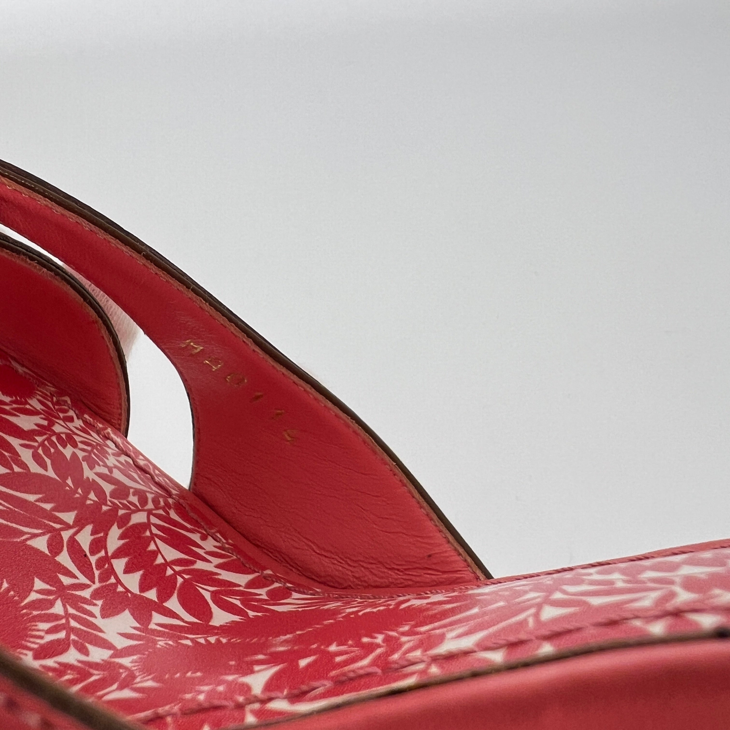 Louis Vuitton | Pink Leather Floral Insole Brown Wood Wedge Sandal Heels (39)