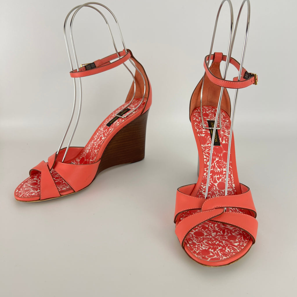 Louis Vuitton | Pink Leather Floral Insole Brown Wood Wedge Sandal Heels (39)