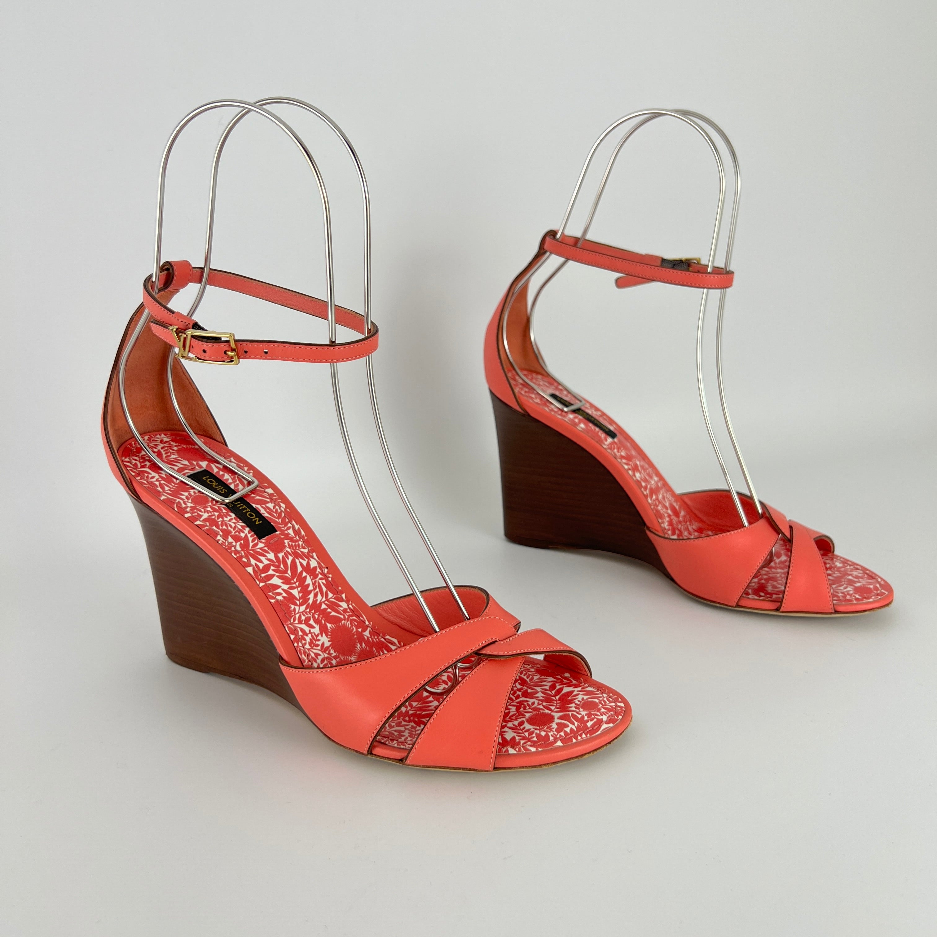 Louis Vuitton | Pink Leather Floral Insole Brown Wood Wedge Sandal Heels (39)