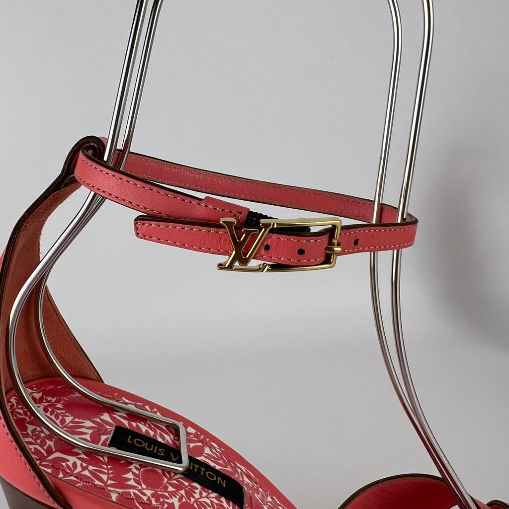 Louis Vuitton | Pink Leather Floral Insole Brown Wood Wedge Sandal Heels (39)
