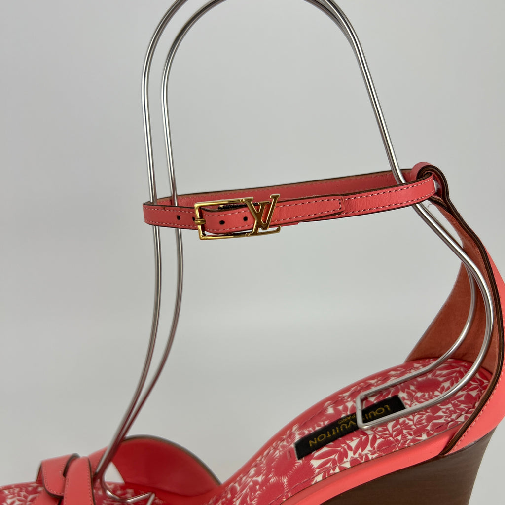 Louis Vuitton | Pink Leather Floral Insole Brown Wood Wedge Sandal Heels (39)