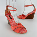 Louis Vuitton | Pink Leather Floral Insole Brown Wood Wedge Sandal Heels (39)