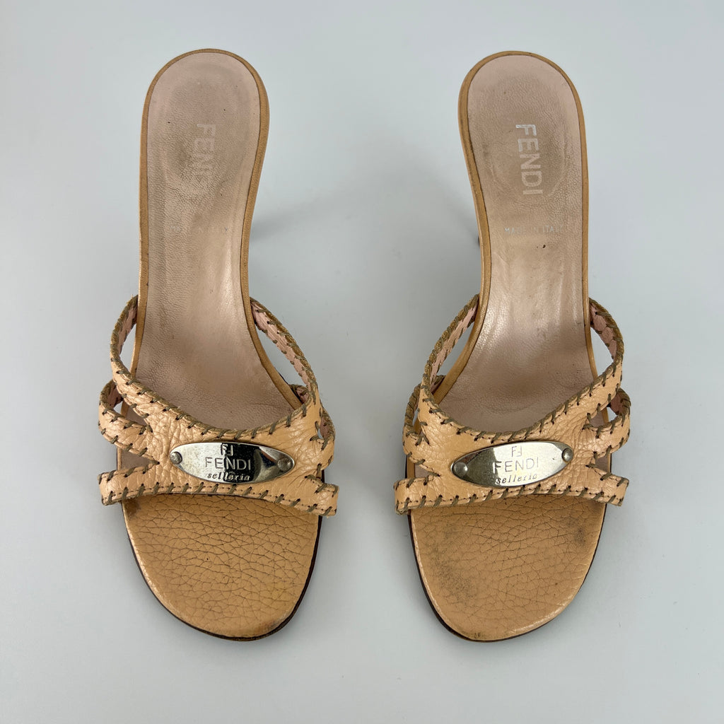 Fendi | Vintage Selleria Nude Tan Leather Silver Metal Logo Slide Mules (36.5)