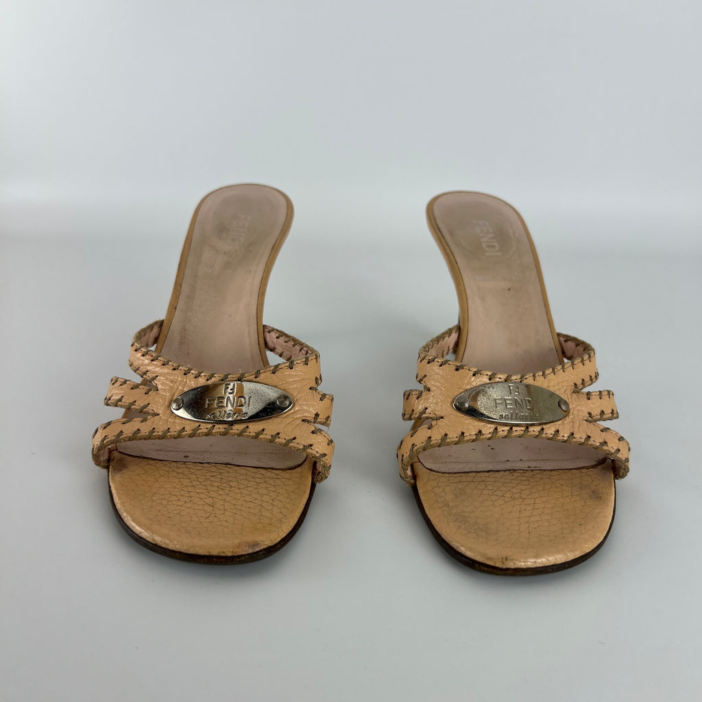 Fendi | Vintage Selleria Nude Tan Leather Silver Metal Logo Slide Mules (36.5)