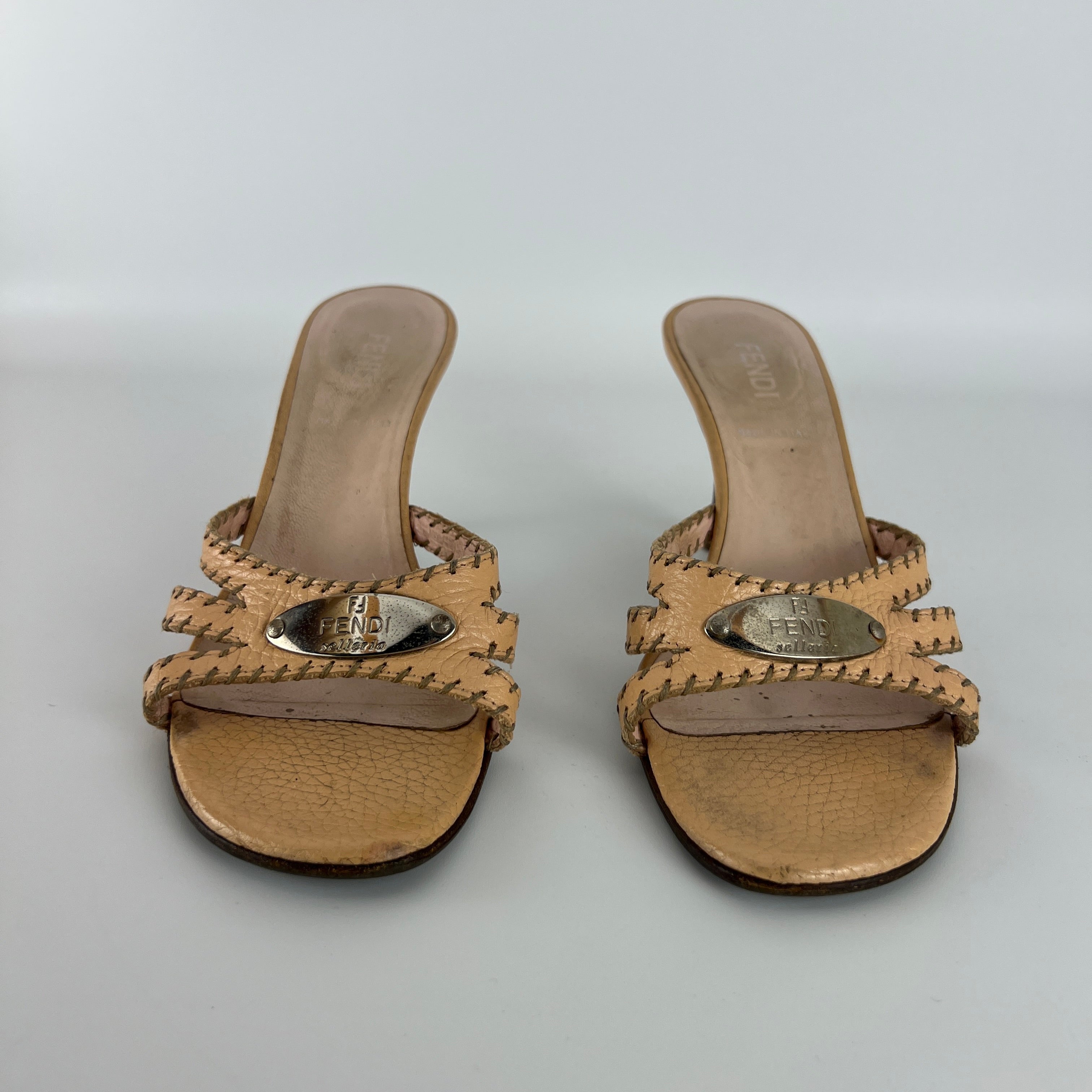 Fendi | Vintage Selleria Nude Tan Leather Silver Metal Logo Slide Mules (36.5)