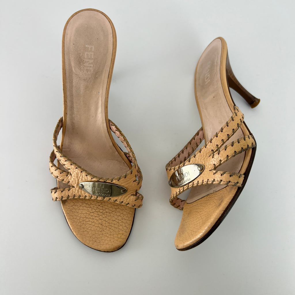 Fendi | Vintage Selleria Nude Tan Leather Silver Metal Logo Slide Mules (36.5)