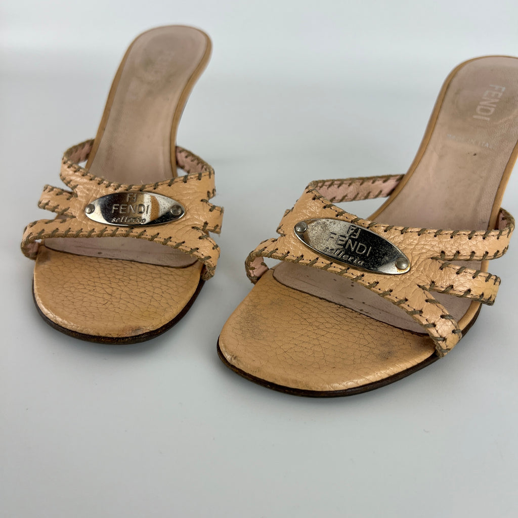 Fendi | Vintage Selleria Nude Tan Leather Silver Metal Logo Slide Mules (36.5)