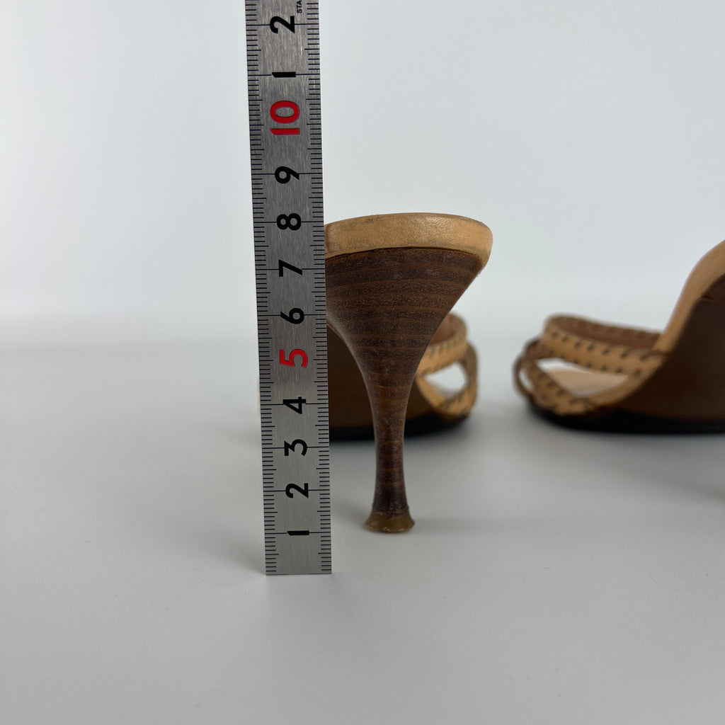 Fendi | Vintage Selleria Nude Tan Leather Silver Metal Logo Slide Mules (36.5)