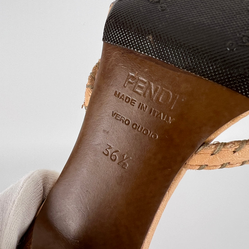 Fendi | Vintage Selleria Nude Tan Leather Silver Metal Logo Slide Mules (36.5)