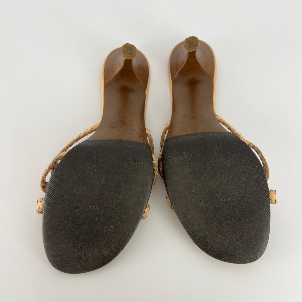 Fendi | Vintage Selleria Nude Tan Leather Silver Metal Logo Slide Mules (36.5)