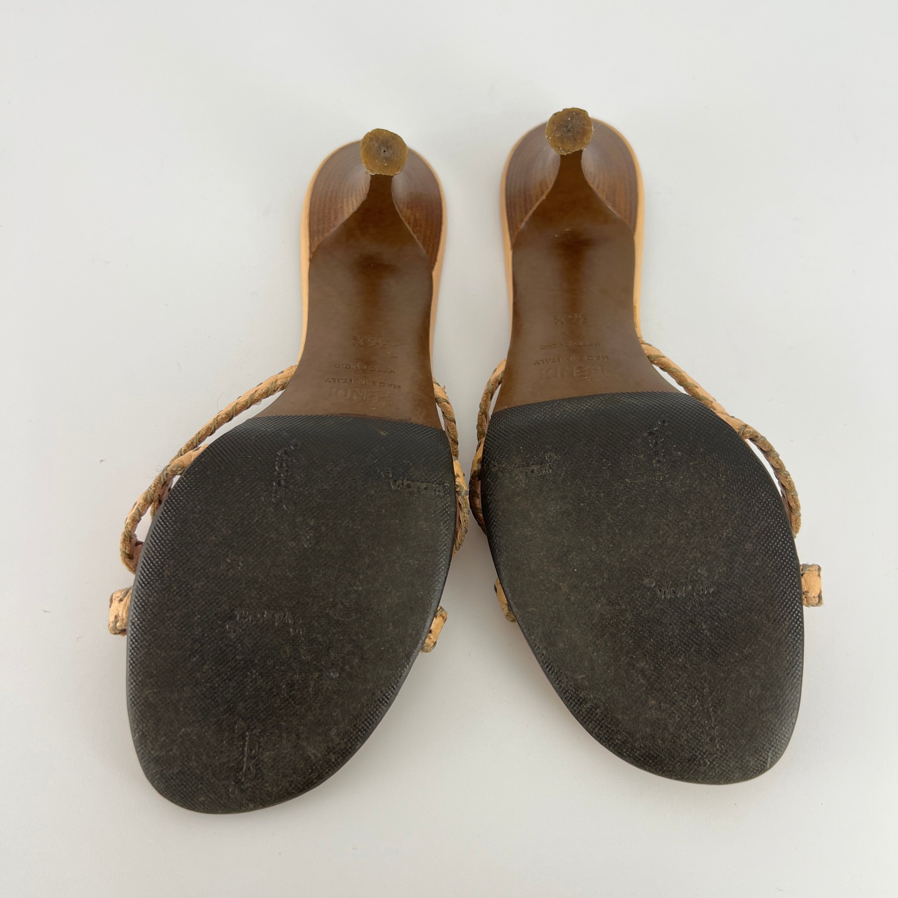 Fendi | Vintage Selleria Nude Tan Leather Silver Metal Logo Slide Mules (36.5)