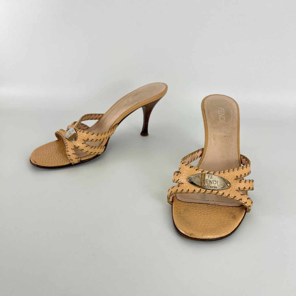 Fendi | Vintage Selleria Nude Tan Leather Silver Metal Logo Slide Mules (36.5)