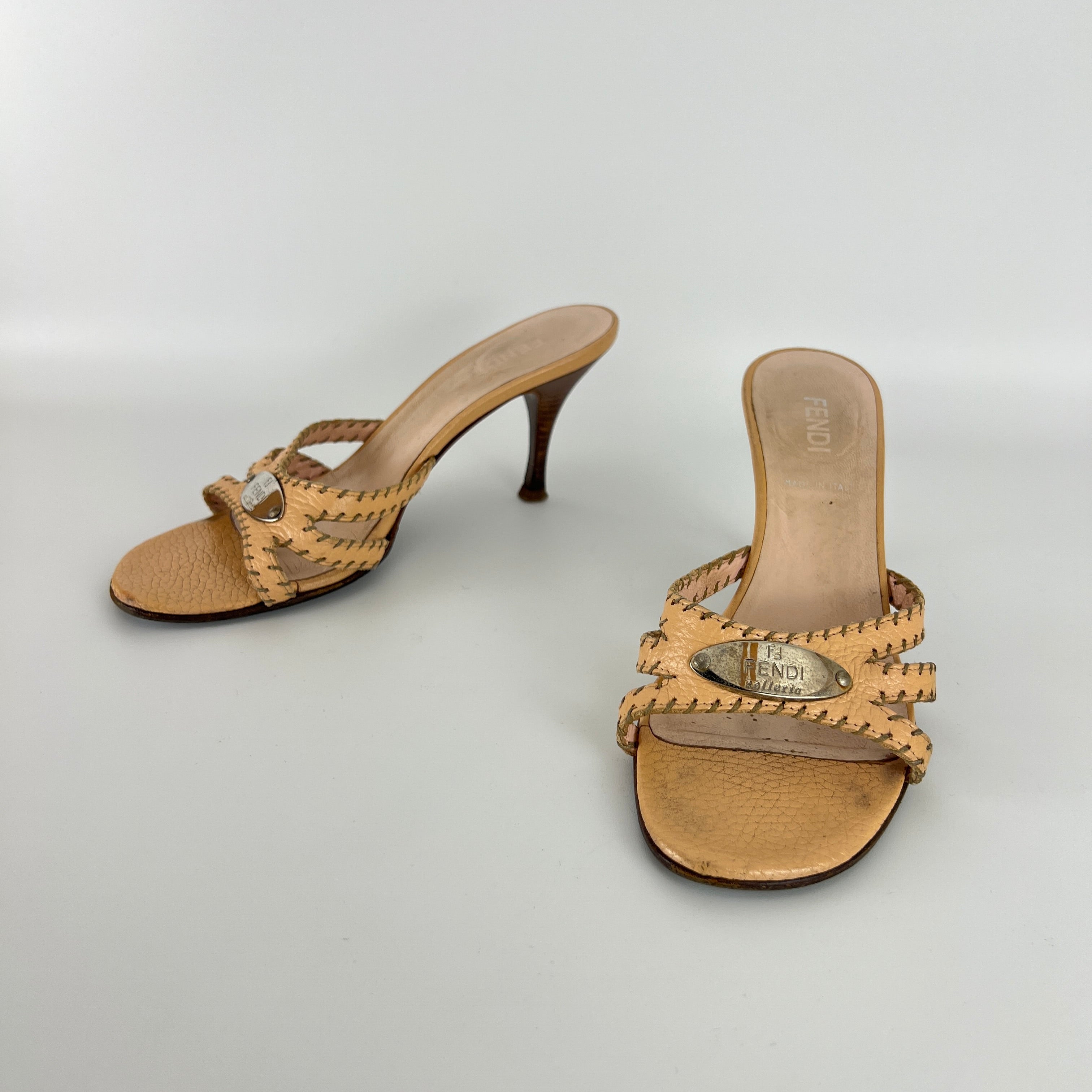 Fendi | Vintage Selleria Nude Tan Leather Silver Metal Logo Slide Mules (36.5)