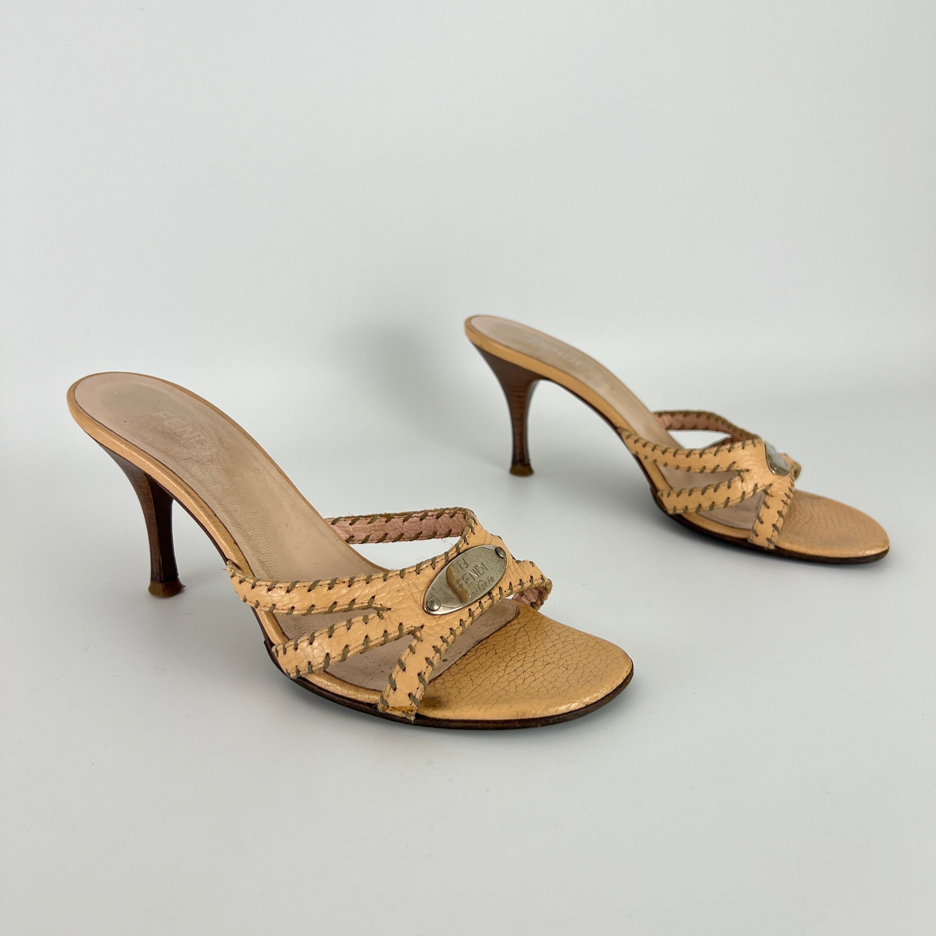 Fendi | Vintage Selleria Nude Tan Leather Silver Metal Logo Slide Mules (36.5)