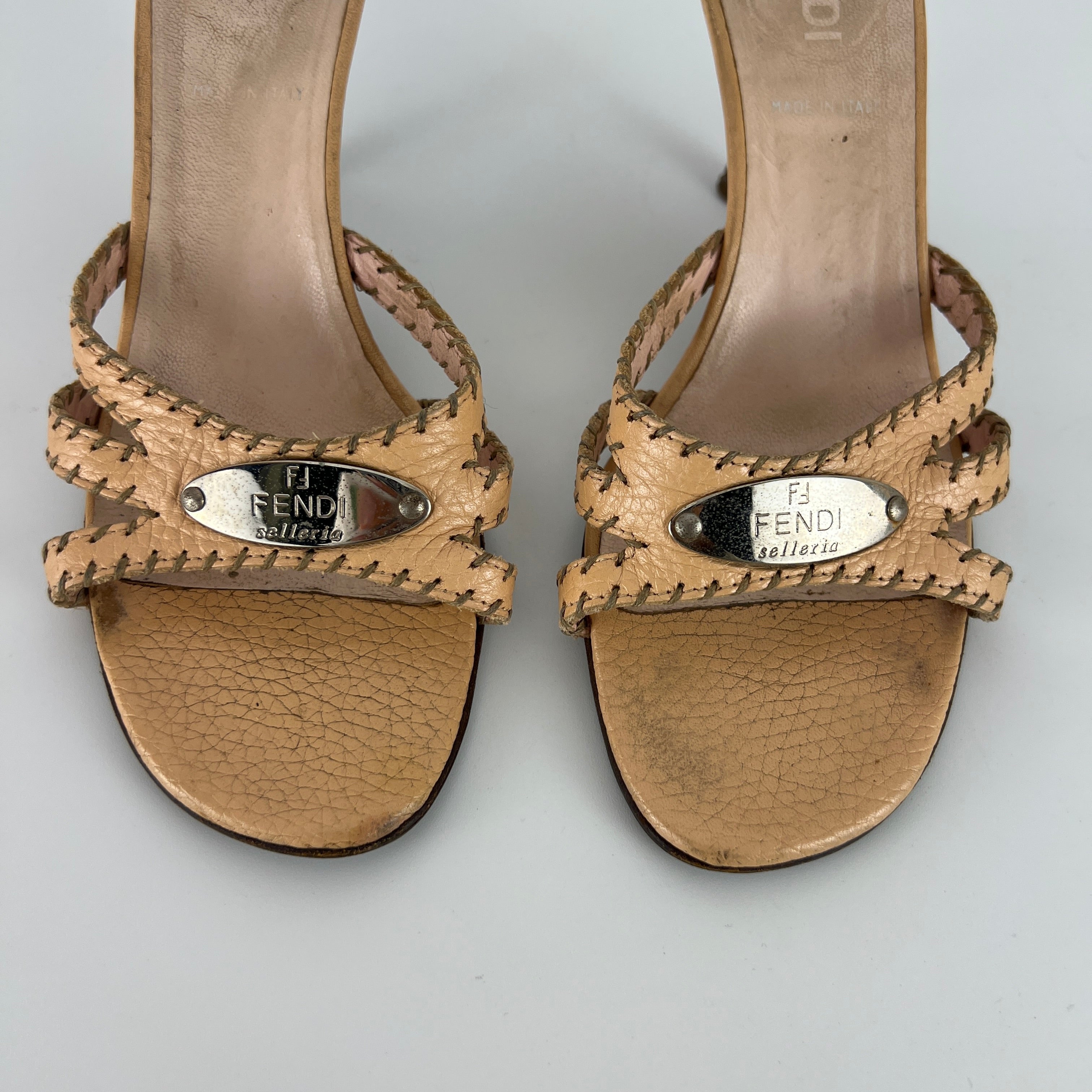 Fendi | Vintage Selleria Nude Tan Leather Silver Metal Logo Slide Mules (36.5)