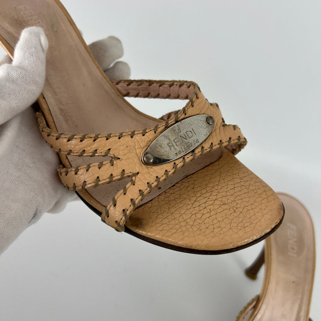Fendi | Vintage Selleria Nude Tan Leather Silver Metal Logo Slide Mules (36.5)