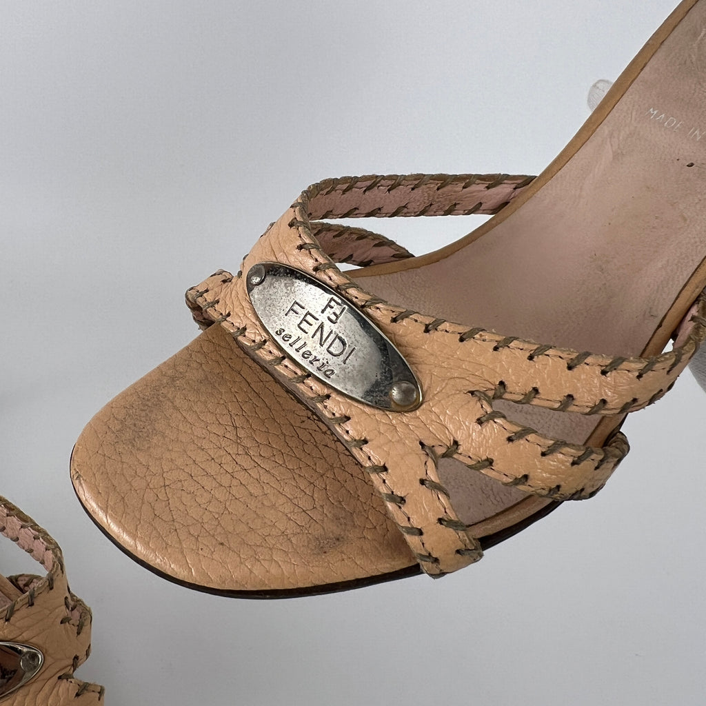 Fendi | Vintage Selleria Nude Tan Leather Silver Metal Logo Slide Mules (36.5)