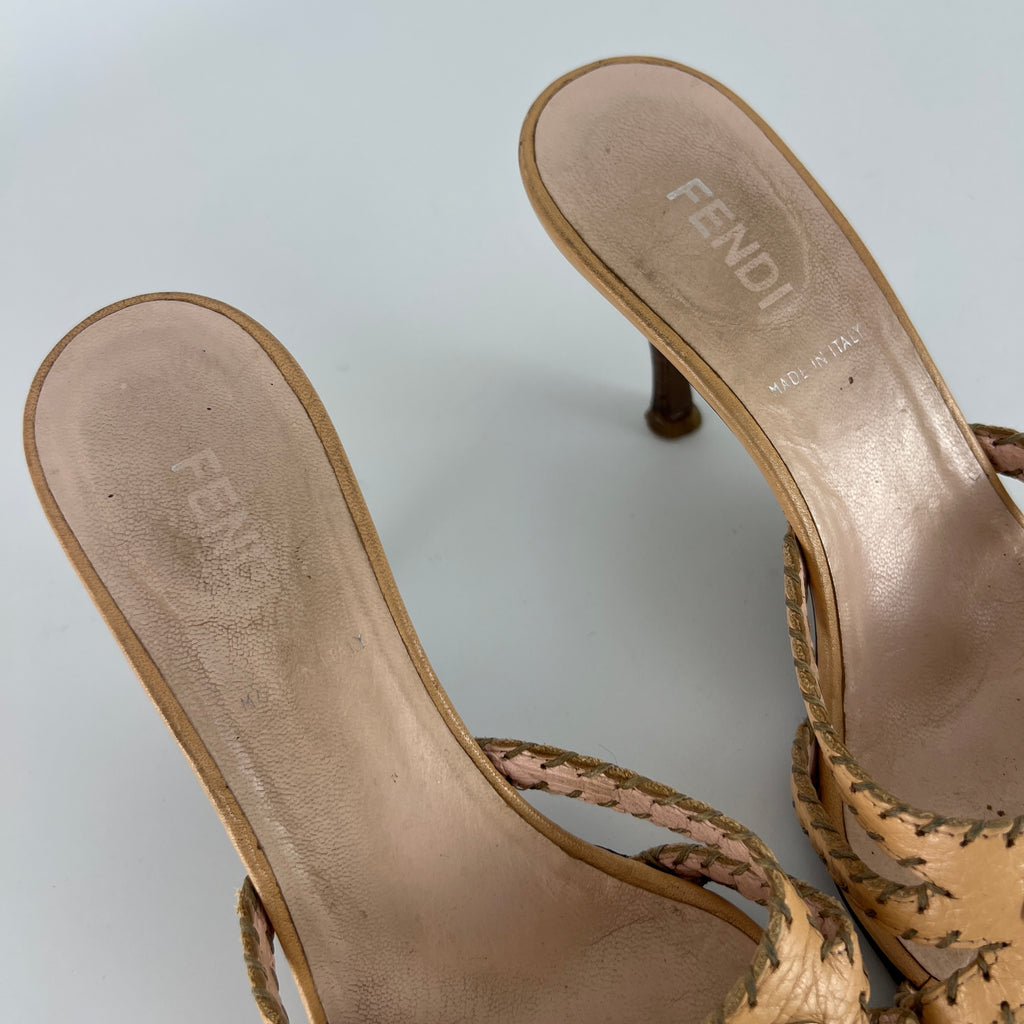 Fendi | Vintage Selleria Nude Tan Leather Silver Metal Logo Slide Mules (36.5)