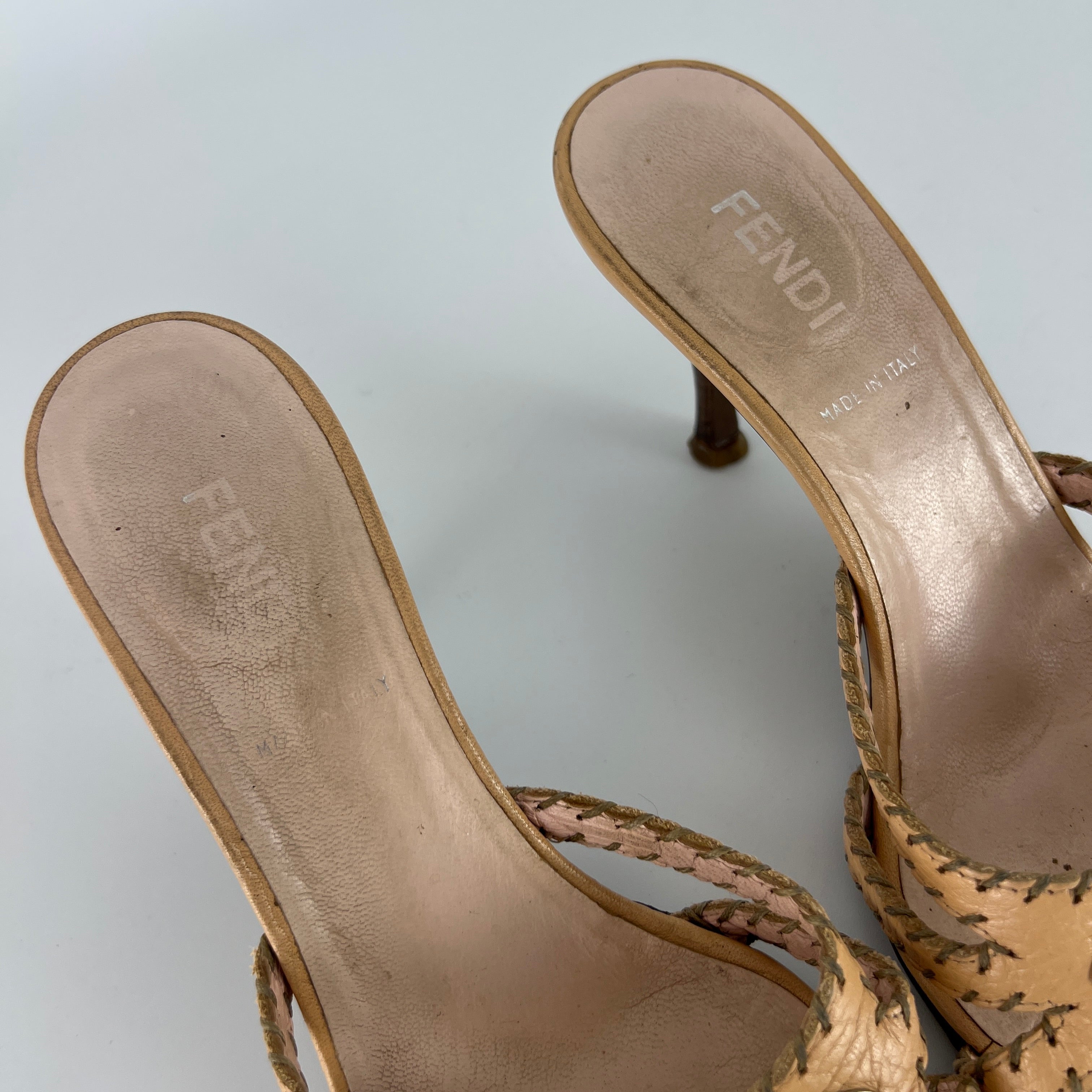 Fendi | Vintage Selleria Nude Tan Leather Silver Metal Logo Slide Mules (36.5)