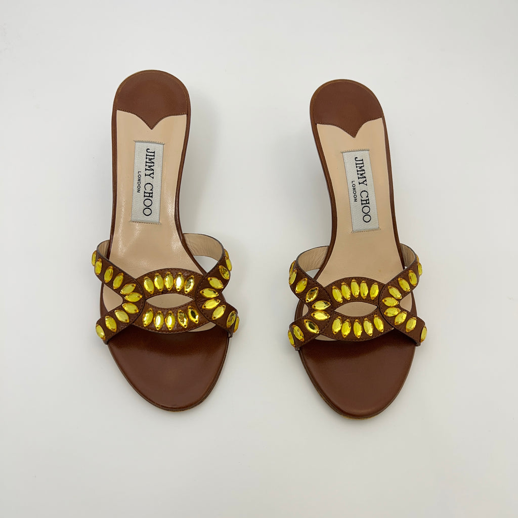 Jimmy Choo | Brown Leather Yellow Gem Crystal Strappy Mules (36)