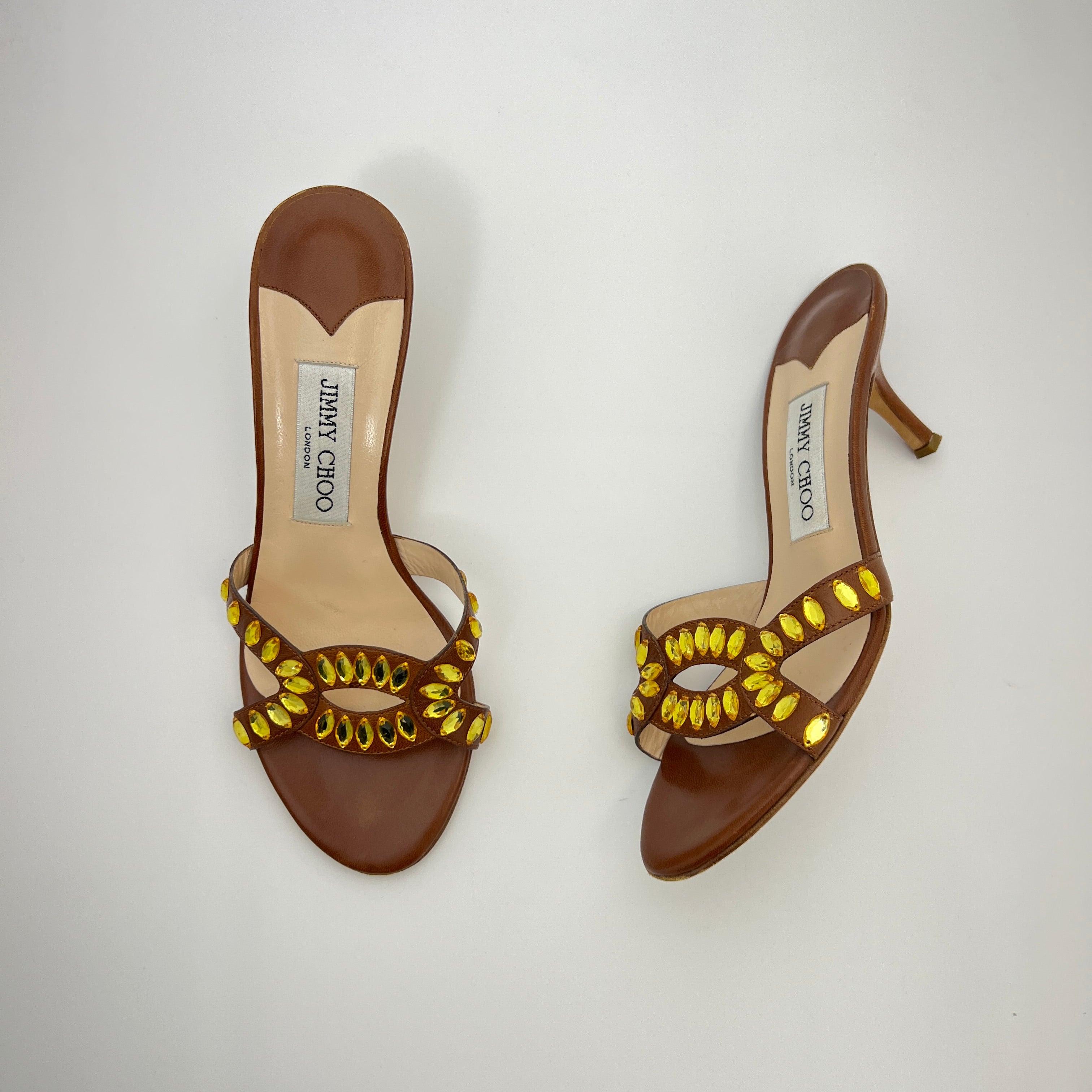 Jimmy Choo | Brown Leather Yellow Gem Crystal Strappy Mules (36)