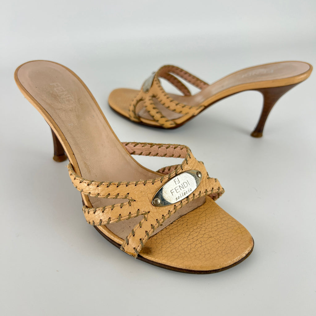 Fendi | Vintage Selleria Nude Tan Leather Silver Metal Logo Slide Mules (36.5)