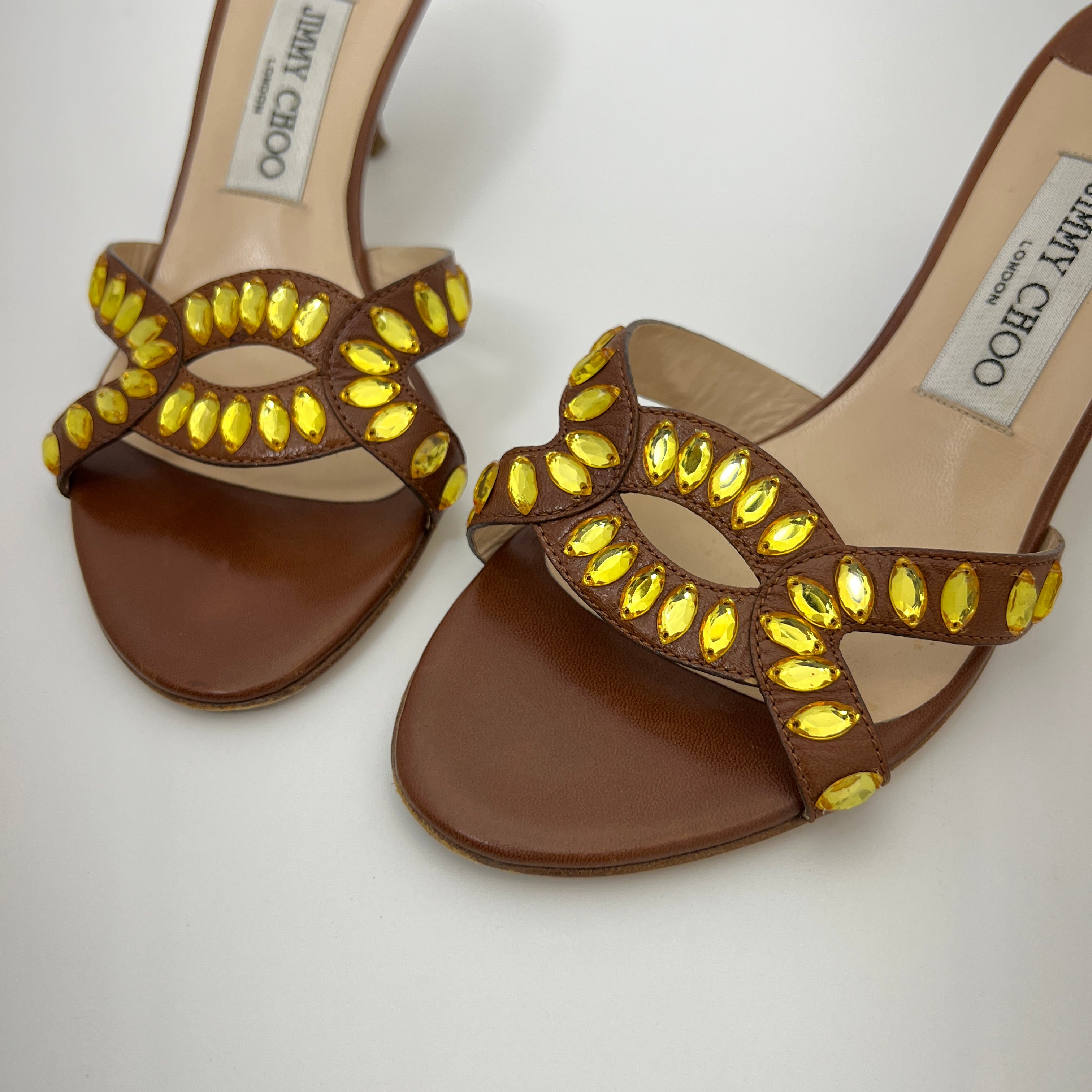 Jimmy Choo | Brown Leather Yellow Gem Crystal Strappy Mules (36)