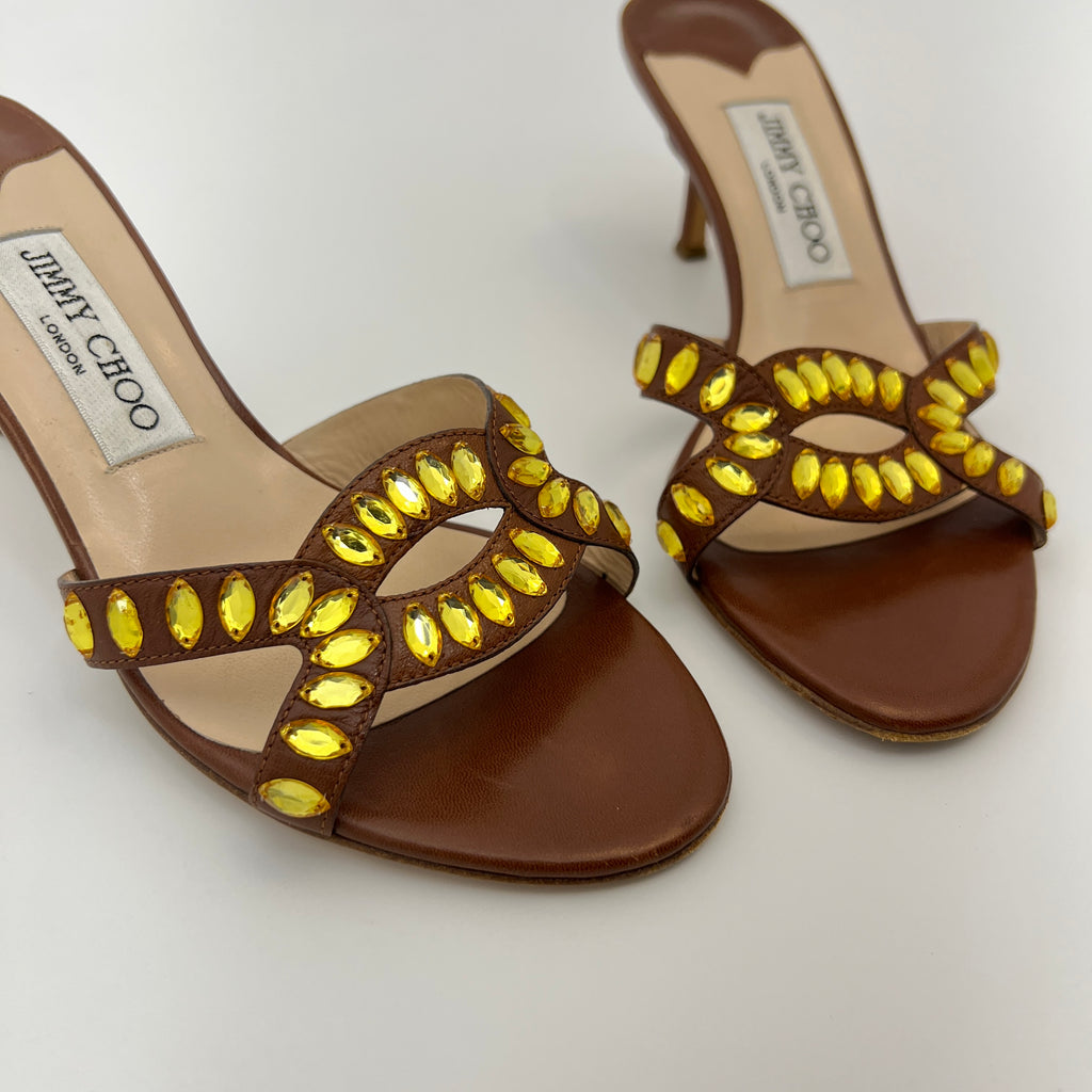 Jimmy Choo | Brown Leather Yellow Gem Crystal Strappy Mules (36)
