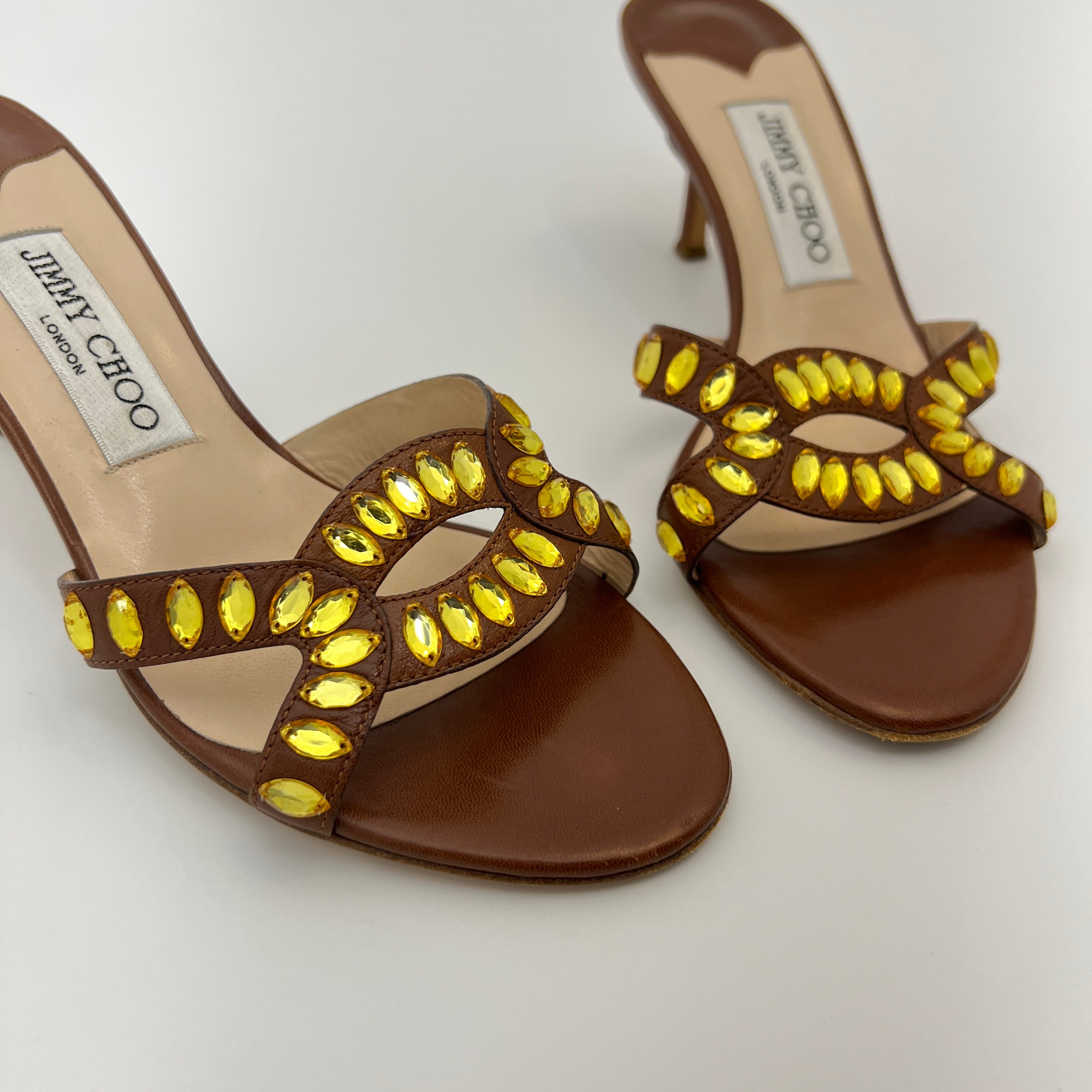 Jimmy Choo | Brown Leather Yellow Gem Crystal Strappy Mules (36)