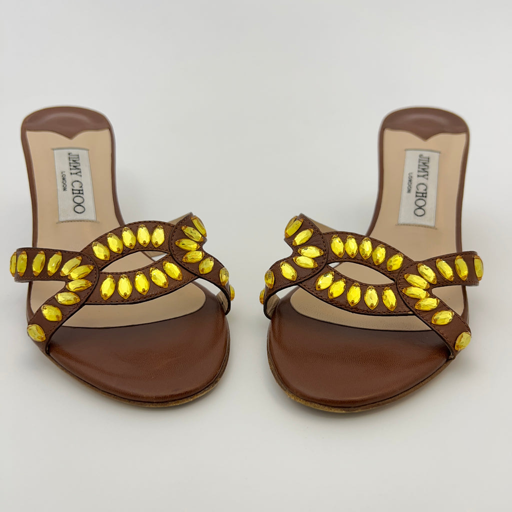 Jimmy Choo | Brown Leather Yellow Gem Crystal Strappy Mules (36)