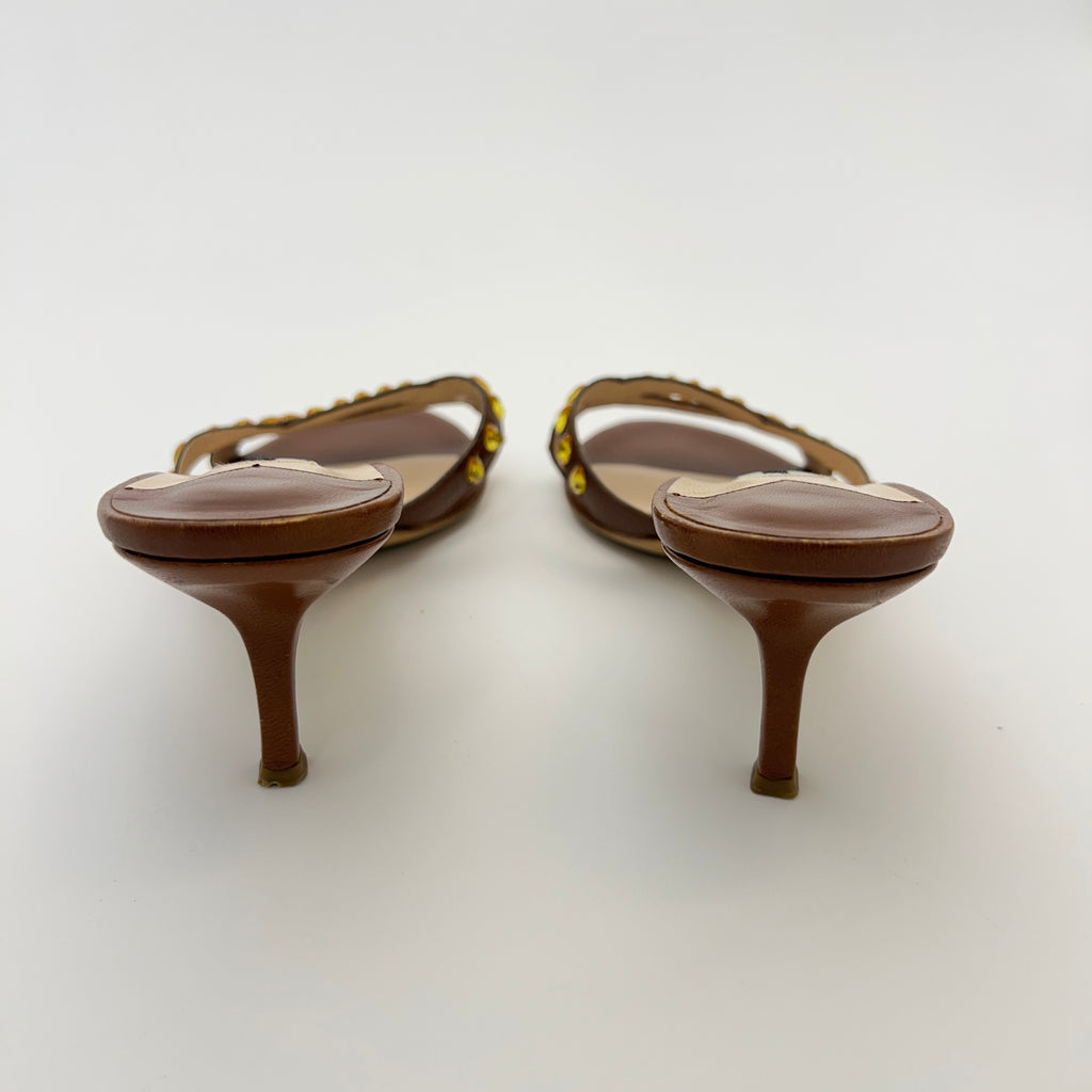 Jimmy Choo | Brown Leather Yellow Gem Crystal Strappy Mules (36)
