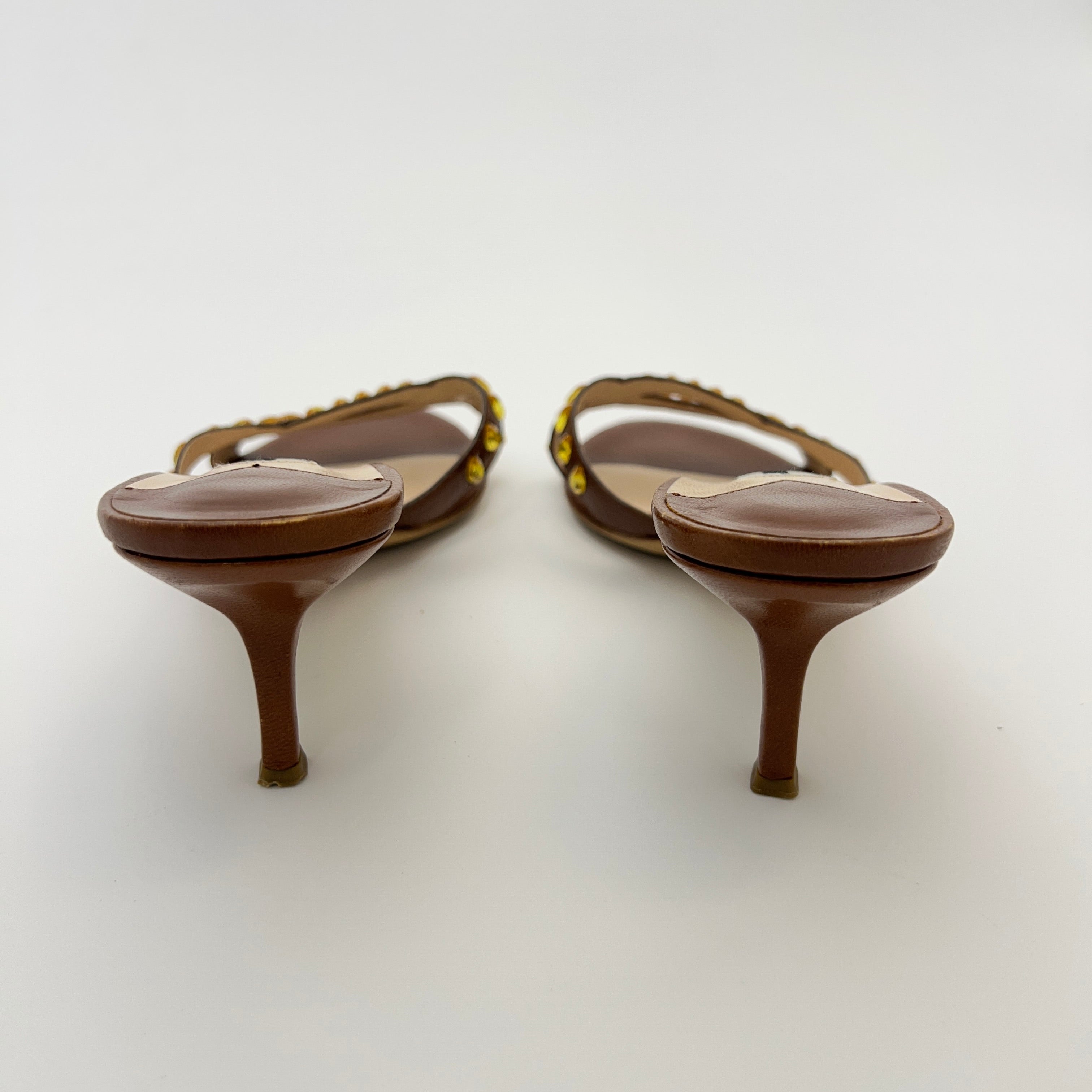 Jimmy Choo | Brown Leather Yellow Gem Crystal Strappy Mules (36)